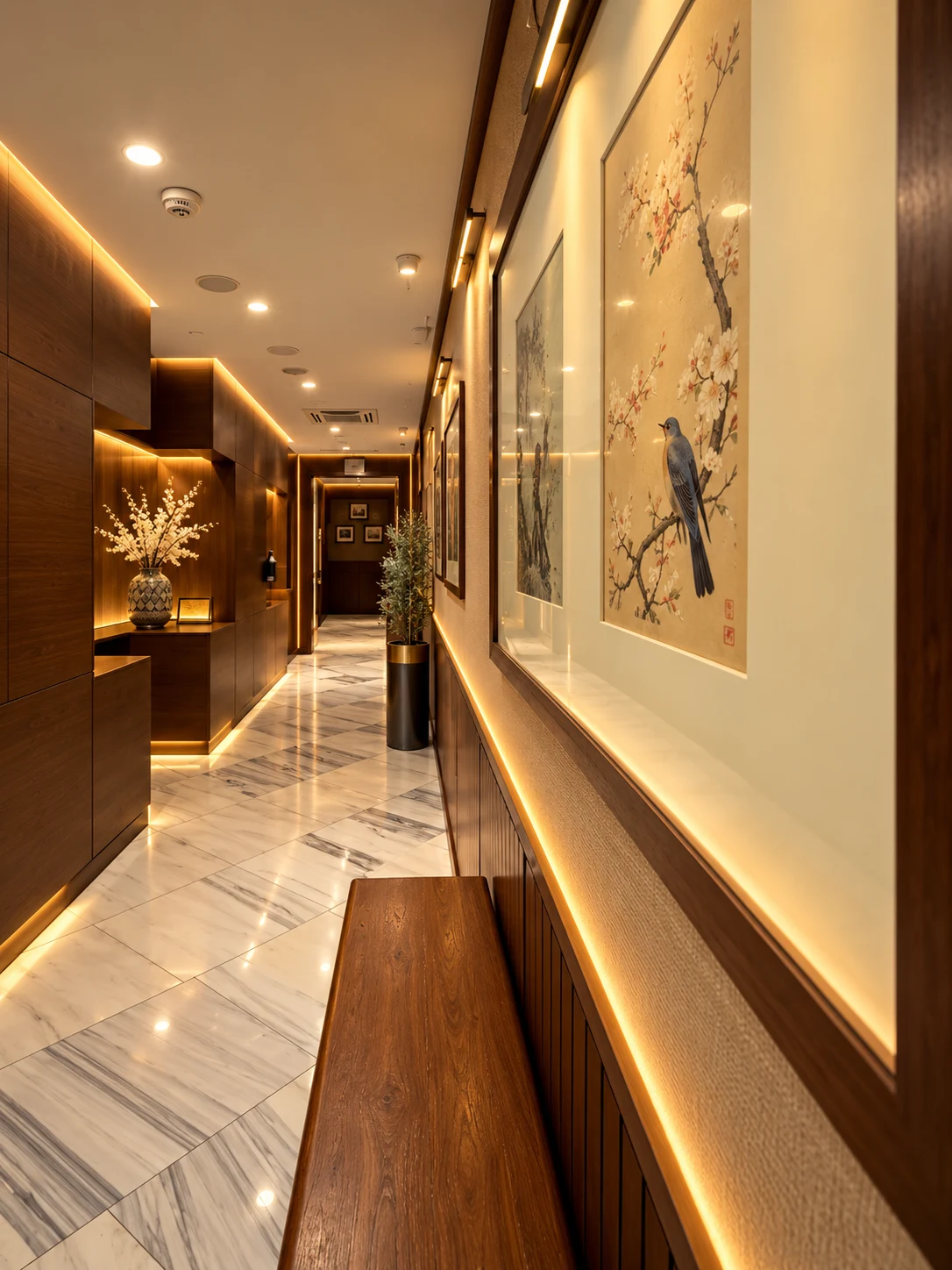 Quiet spa corridor with warm wooden details