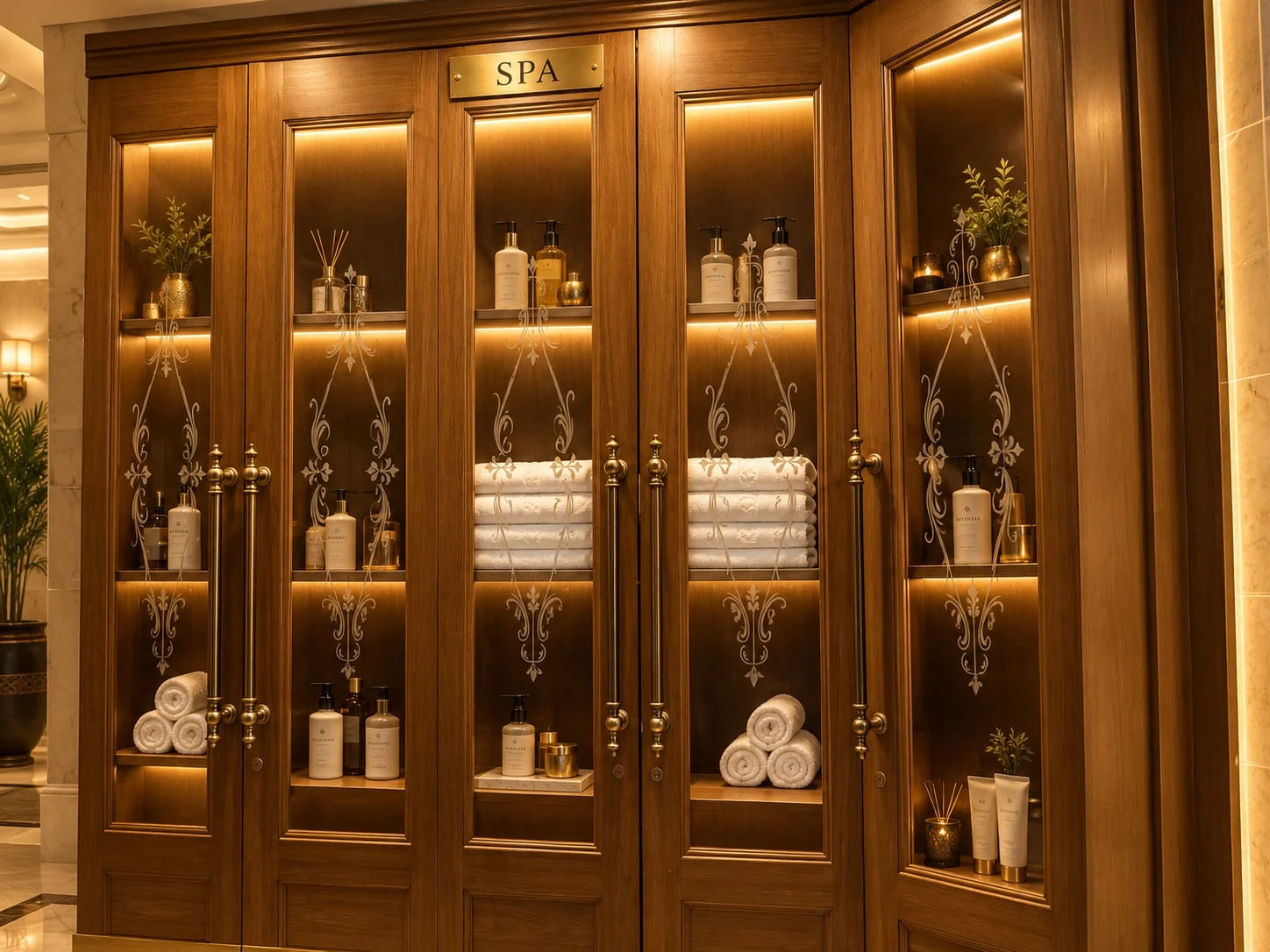 Handcrafted spa cabinets with towels and warm lighting